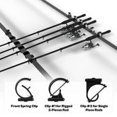 Side view of car fishing rod storage rack holding six fishing poles